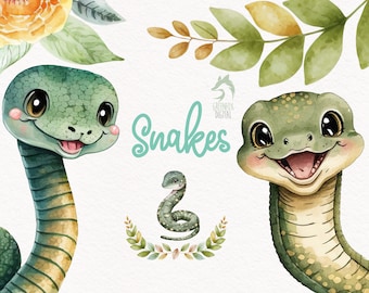 Snake Watercolor Clipart, Cute Baby Shower Graphics, Nursery Decor Wall Art, Reptile Woodland Animal PNG