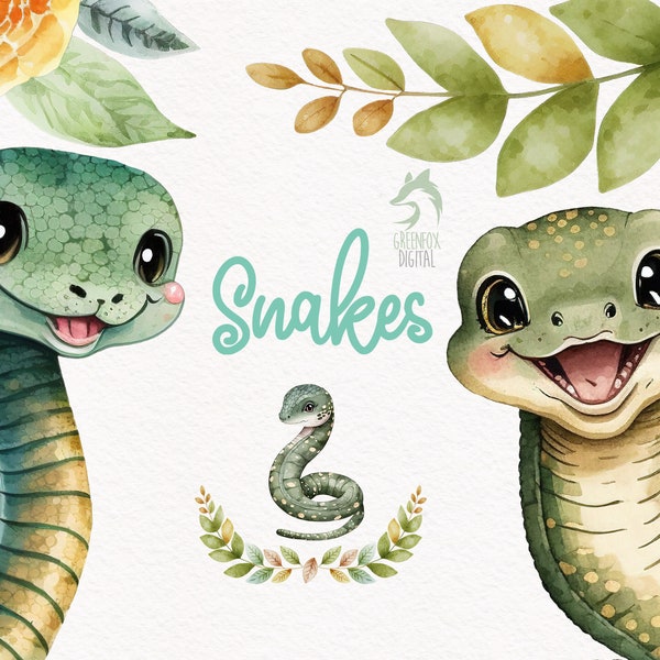 Clipart de acuarela de serpiente, lindos gráficos de baby shower, arte mural de decoración de guardería, reptil woodland animal PNG