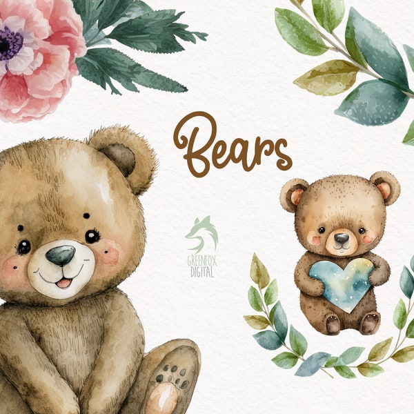 Brown Bear Watercolor Clipart, Cute Baby Shower Graphics, Nursery Decor Wall Art
