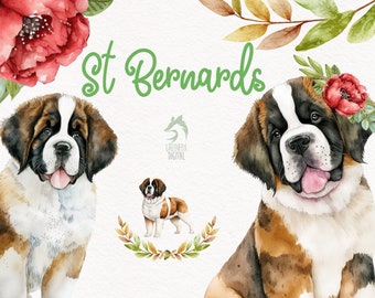 St Bernard Watercolor Clipart, Cute Saint Dog Nursery Decor Wall Art, Little Pet Doggie Animal