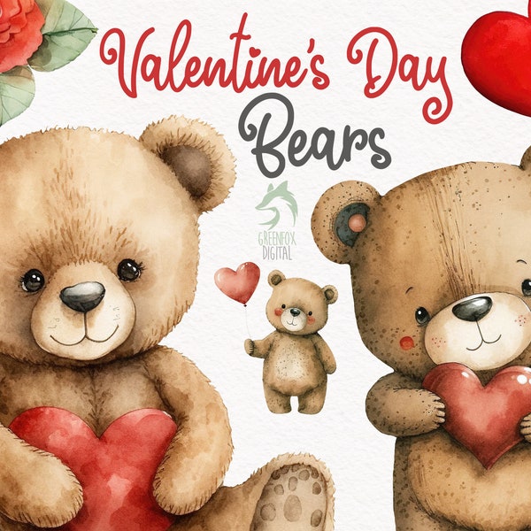 Valentines Day Teddy Bear Watercolor Clipart, Cute Love Heart Baby Shower Graphics, Nursery Decor Wall Art, Roses PNG