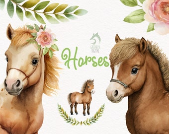 Horse Watercolor Clipart, Cute Baby Shower Graphics, Nursery Decor Wall Art, Farm Animal PNG