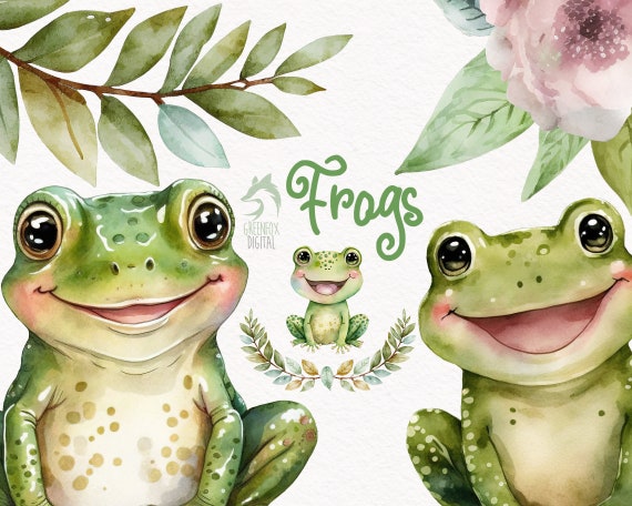 Frog Watercolor Clipart, Cute Baby Shower Graphics, Nursery Decor Wall Art,  Amphibian Woodland Animal PNG -  Canada