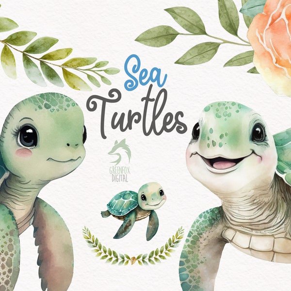 Sea Turtle Watercolor Clipart, Cute Baby Shower Graphics, Nursery Decor Wall Art, Ocean Zoo Animal PNG