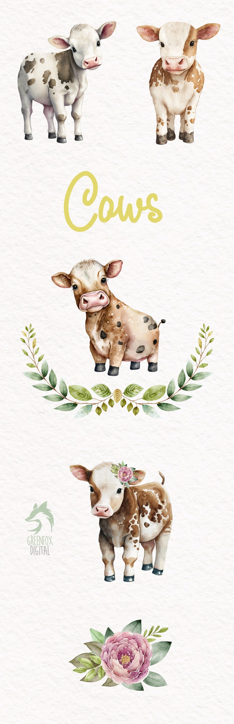 Cow Watercolor Clipart Cute Baby Shower Graphics Nursery - Etsy