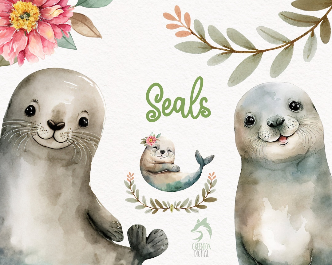 Robbe Aquarell Clipart, Süße Baby Shower Grafik, Kinderzimmer Deko