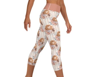 Floral Print Capri Yoga Leggings: Peach & White Activewear