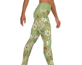 Floral Green Yoga Leggings: High Waisted Women's Sportswear