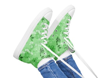 Women's Green Floral High Top Canvas Shoes: Classic Style, Comfort & Breathable Design with Padded Collar and White Laces