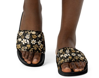 Women's Black Floral Slides with Cushioned Upper Strap and Textured Footbed - Comfort meets Style