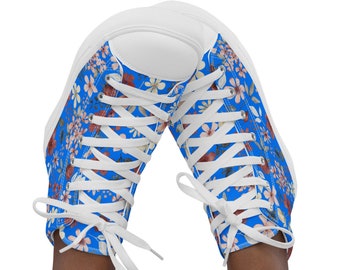 Women’s High Top Canvas Shoes, "Step Out in Style: Make a Statement with the Classic Blue Floral High Top Canvas Sneakers!"