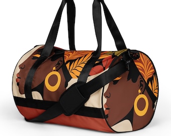 May include: A black and red duffel bag with a colorful design featuring two women's faces with gold earrings and floral patterns. The bag has black straps and a zipper closure.