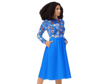 Long Sleeve Blue Floral Midi Dress, with Pockets