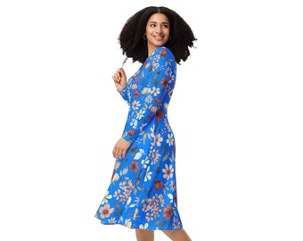 Long Sleeve Blue Floral Midi Dress, with Pockets