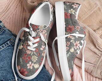 Women's Lace-Up Floral Canvas Sneakers: Stylish, Comfortable & Breathable Shoes for a Fashionable Wardrobe