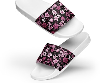 Women's Black Slides with Pink Floral Design | Cushioned Upper Strap and Textured Footbed - Comfort meets Style
