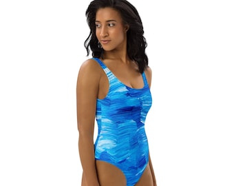 Blue Abstract One-Piece Swimsuit: Plunge Neckline, Low Back