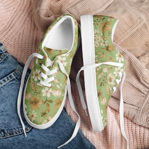 Women's Lace-Up Green Floral Canvas Sneakers: Stylish, Comfortable & Breathable Shoes for a Fashionable Wardrobe image 1