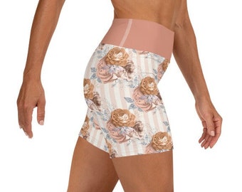 Women's Yoga Shorts with Peach and White Floral Print - Activewear for Fitness and Relaxation