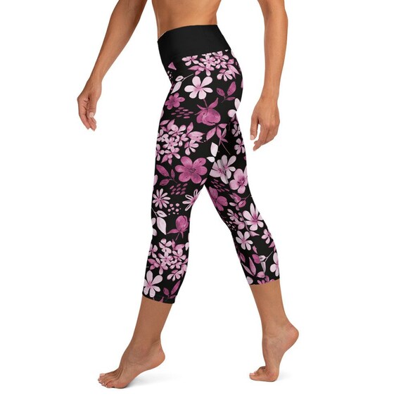 Yoga Capri Leggings, luxury Women's Yoga Capri Leggings: Get Ready to Shine  in Black With Pink Floral Design 