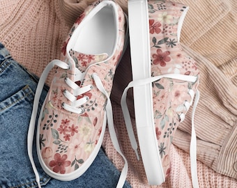 Pink Floral Canvas Sneakers: Women's Lace-Up Tennis Shoes