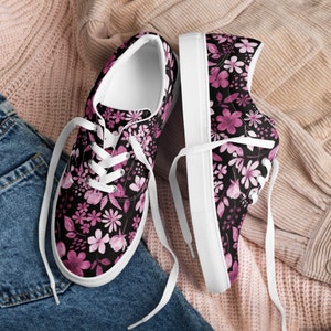 Women's Lace-Up Black Floral Canvas Sneakers: Stylish, Comfortable & Breathable Shoes for a Fashionable Wardrobe