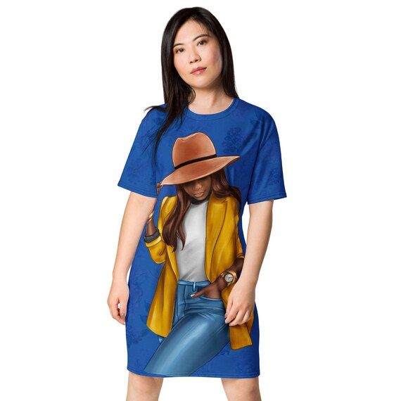 african t shirt dress African American Woman T-Shirt Dress: Blue, White & Gold Tee-Dress