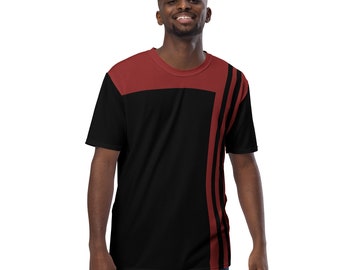 Red & Black Striped Men's T-Shirt: Polyester Jersey Knit