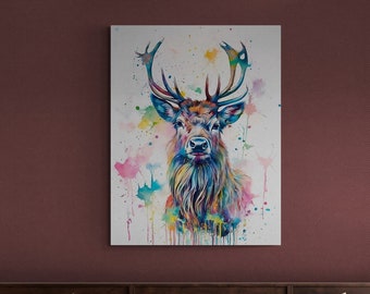 Vibrant Watercolour Stag Canvas Art Print - Colourful Scottish Stag Home Decor