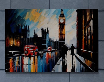 Peinture à l'huile au couteau, oeuvre d'art sur toile, décoration murale urbaine, toits de Londres, décoration d'intérieur contemporaine