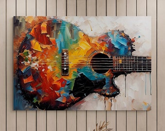 Art sur toile guitare, peinture à l'huile abstraite colorée, décoration murale musique, cadeau guitariste, art mural musical, décoration d'intérieur colorée