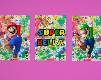 Customisable Super Mario Bros Set of 3 Prints. Add your own name. Arrives Framed, Ready to hang.