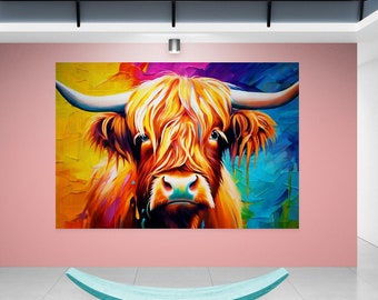 Peinture à l'huile Impression sur toile Vache des Highlands - Décoration d'intérieur Vache écossaise colorée