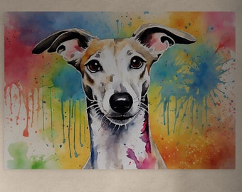 Impression abstraite sur toile de chien whippet, décoration d'éclaboussures de couleur, cadeau unique d'art mural sur toile. Encadré et prêt à accrocher