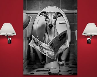 Whippet Dog with Newspaper sat on toilet Canvas - Hilarious Bathroom Canvas Art. Framed, ready to hang.