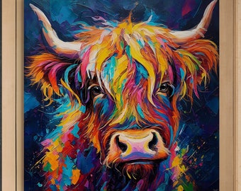 May include: A colorful painting of a Highland cow with a blue, purple, and green background. The cow's fur is painted in shades of yellow, orange, red, and pink.