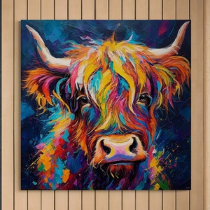 May include: A colourful painting of a Highland cow with a blue, purple and green background. The cow's fur is painted in shades of yellow, orange, red and pink.