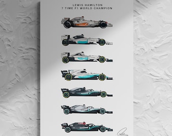 Lienzo artístico con los 7 coches del campeonato mundial de Lewis Hamilton: impresión artística en lienzo para pared de Fórmula 1. Enmarcado y listo para colgar.