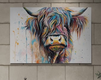 May include: A colorful painting of a Highland cow with long, flowing hair. The cow is painted in shades of blue, green, purple, and pink, with white highlights. The background is a light white with splashes of color.