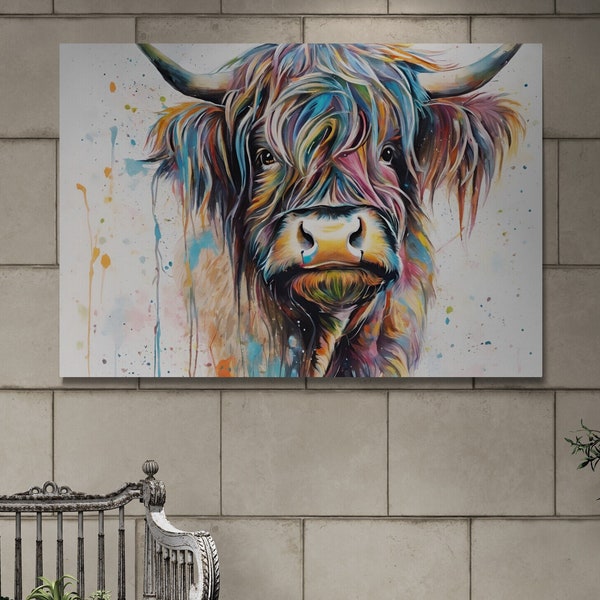 Vibrant Highland Cow Watercolour Canvas Art Print - Colourful Scottish Print Cow Home Decor