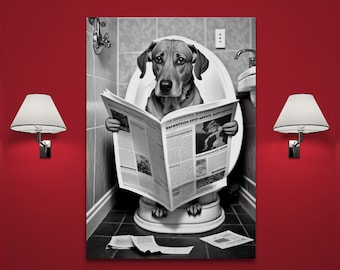 Black and White Dog with Newspaper on toilet Canvas - Funny Bathroom Wall Art. Framed, ready to hang.