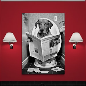 Black and White Dog with Newspaper on toilet Canvas Funny Bathroom Wall Art. Framed, ready to hang. Bild 1