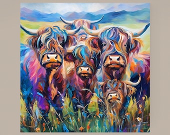May include: A painting of five Highland cows in a field of wildflowers. The cows are painted in a colorful, abstract style with shades of pink, blue, purple, and green. The background is a blurred landscape with mountains in the distance.