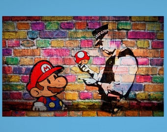 Super Mario Banksy Canvas Art, Super Mario Mushroom Cop, Street Art, Gaming Room Decor - FREE Shipping