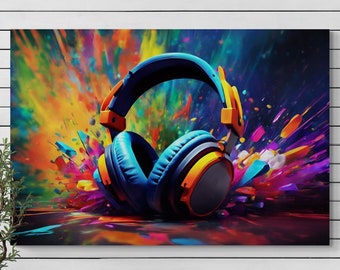 Puede incluir: Un par de auriculares azules y naranjas con un fondo abstracto colorido. Los auriculares están sobre una superficie con un reflejo del fondo colorido.