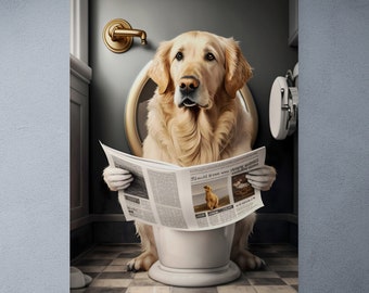 Impression sur toile Golden Retriever lisant un journal sur des toilettes - Décoration murale amusante pour salle de bain. Encadré, prêt à accrocher.