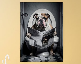 Funny Bulldog with Newspaper on Toilet Canvas Art | Bathroom Wall Art Decor Framed, ready to hang.