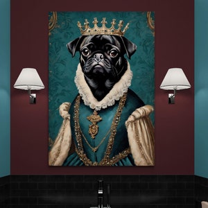May include: A black pug wearing a gold crown and a blue and gold robe, in a painting style, hanging on a wall in a bathroom with a teal bathtub and black tiles.