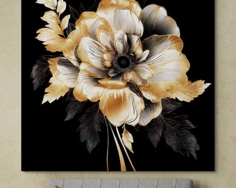 Gold Floral Canvas Print: Elegant Black and Gold Wall Art