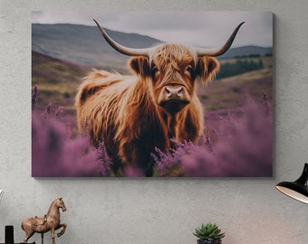 May include: A brown Highland cow with long, shaggy fur stands in a field of purple wildflowers. The cow is looking directly at the camera with its horns pointing up.